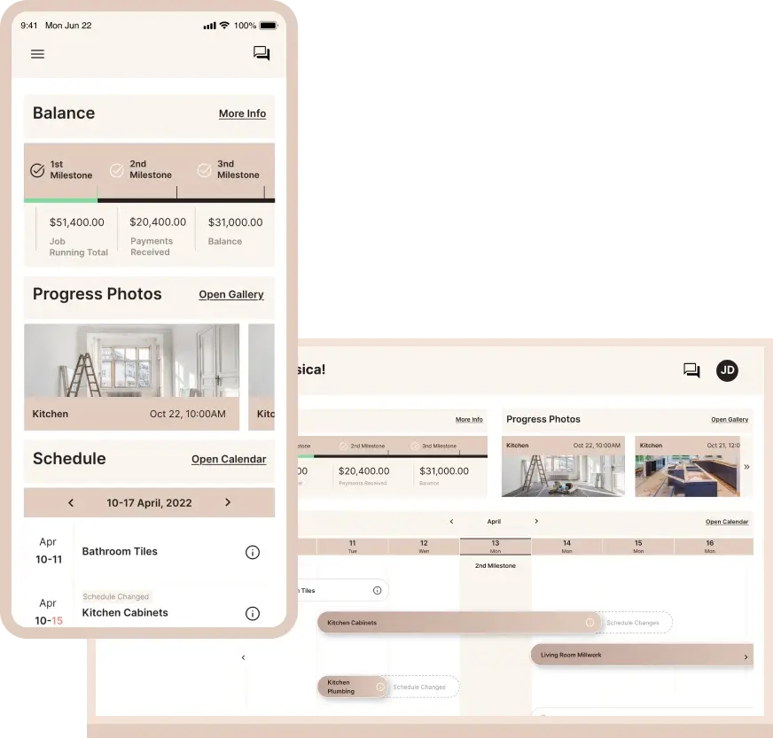 Client portal interface showing project management dashboard on desktop