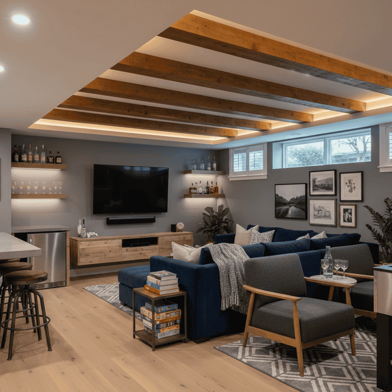 Cozy basement renovation in New Jersey with exposed wooden ceiling beams, entertainment area, home bar, sectional sofa, and wall-mounted TV.