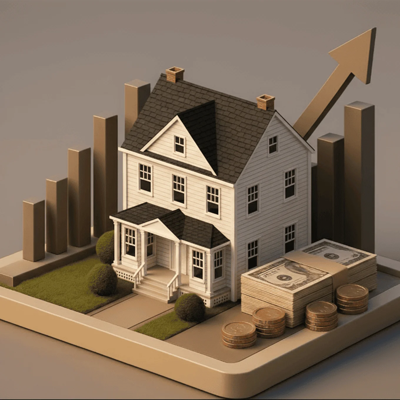 3D illustration of a single family home with bar chart and upward arrow, stacks of cash and coins, representing renovation costs.