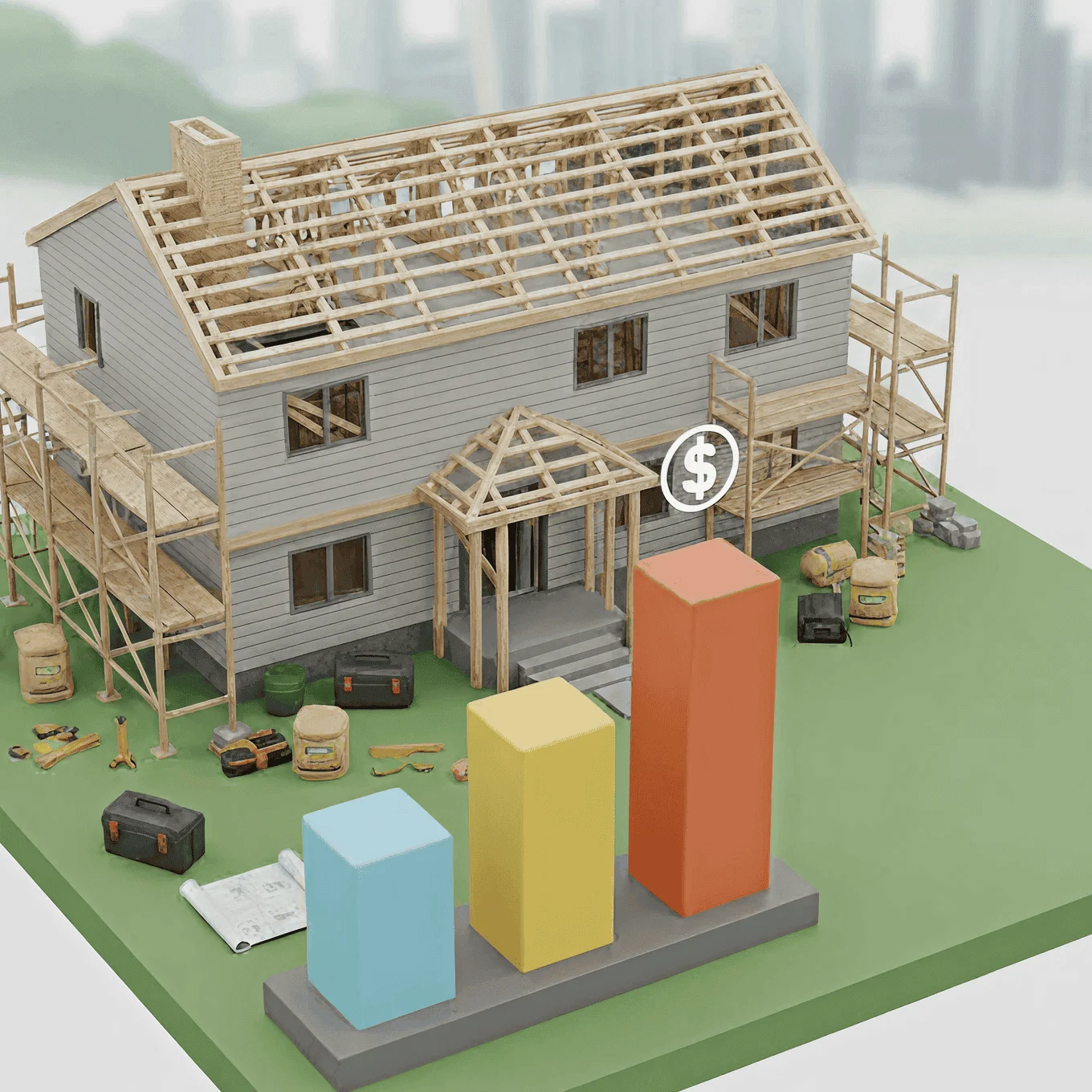 3D illustration of a house under renovation with exposed framing, scaffolding, construction tools and rising bar chart showing cost growth.