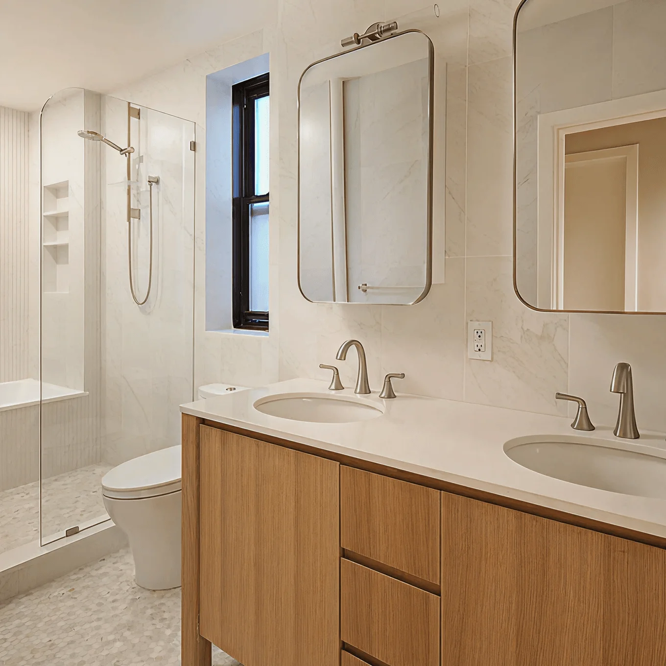 Modern bathroom with a double wood vanity, oval sinks, and a glass-enclosed tub and shower