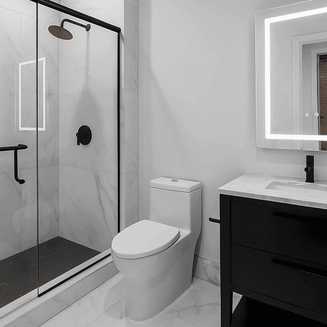 Contemporary bathroom renovation in Jersey City, New Jersey featuring glass shower, black fixtures, and floating vanity.