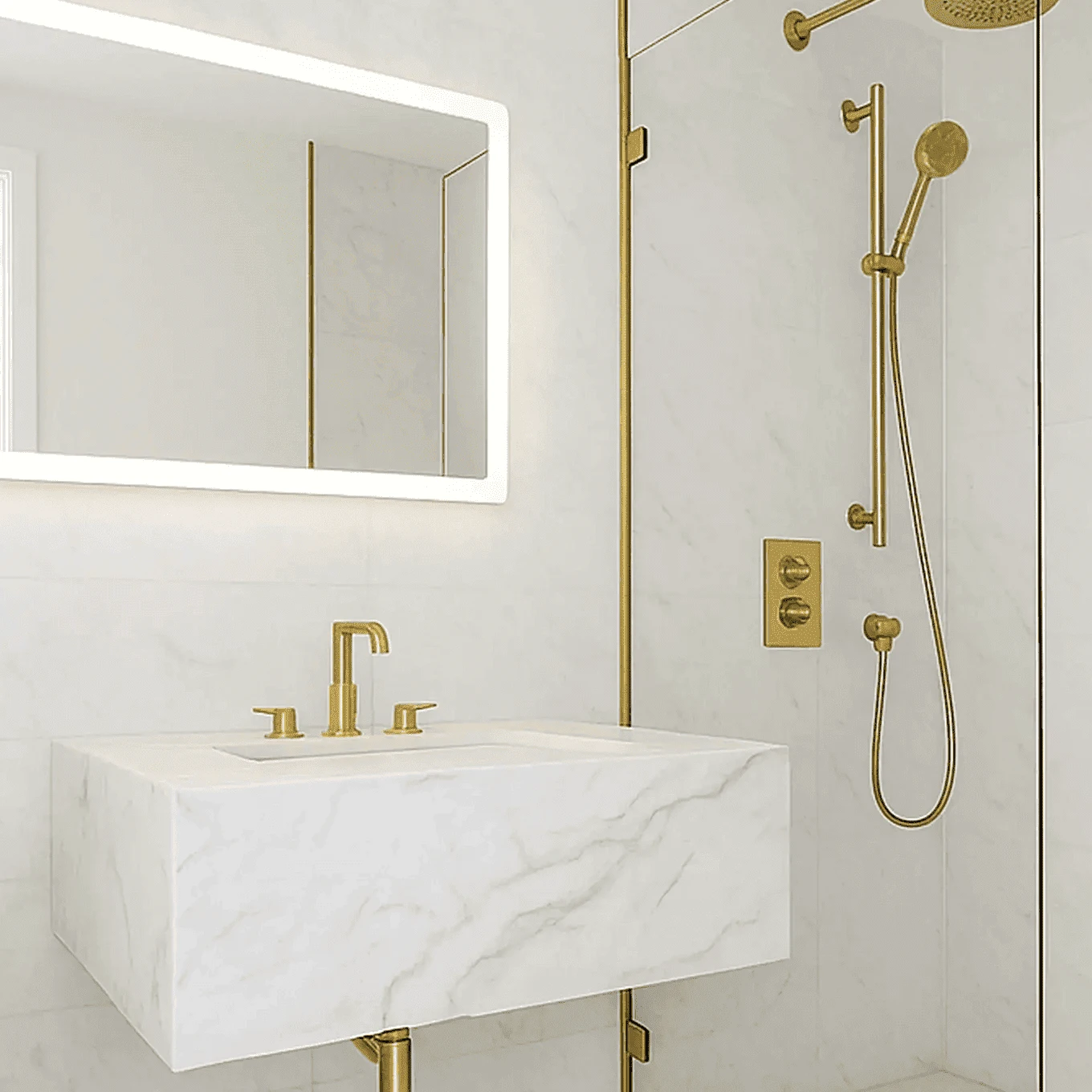 Modern bathroom renovation in Hoboken, New Jersey with marble sink, gold faucet, and luxury walk-in shower.