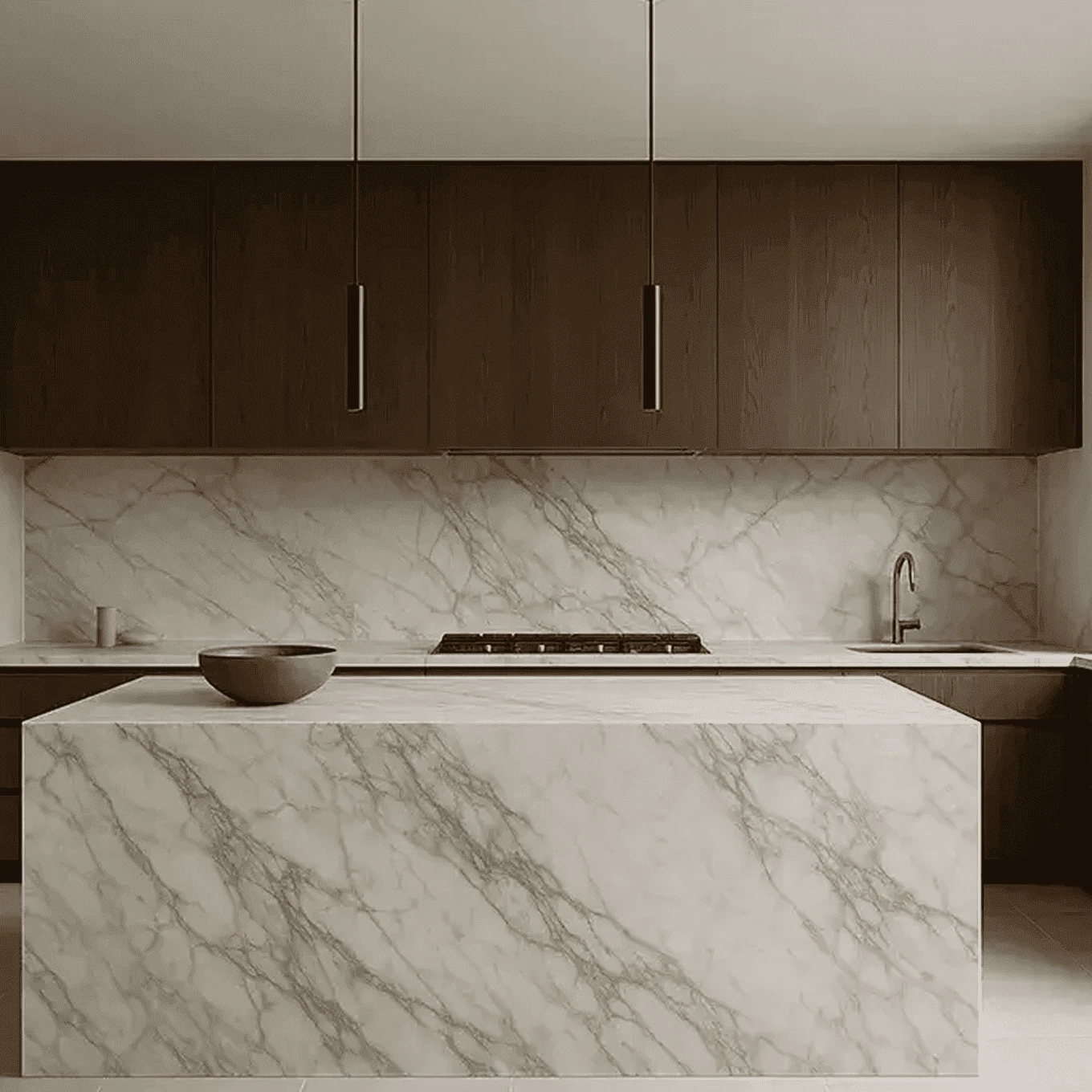 Modern kitchen renovation in Upper Montclair, New Jersey featuring a marble waterfall island, matching marble backsplash, and dark wood cabinetry.