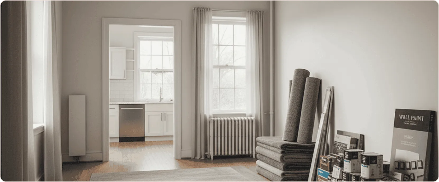 Renovation project kick-off scene showing an empty apartment with new flooring materials, paint samples, and fixtures prepared for installation in a NYC home.