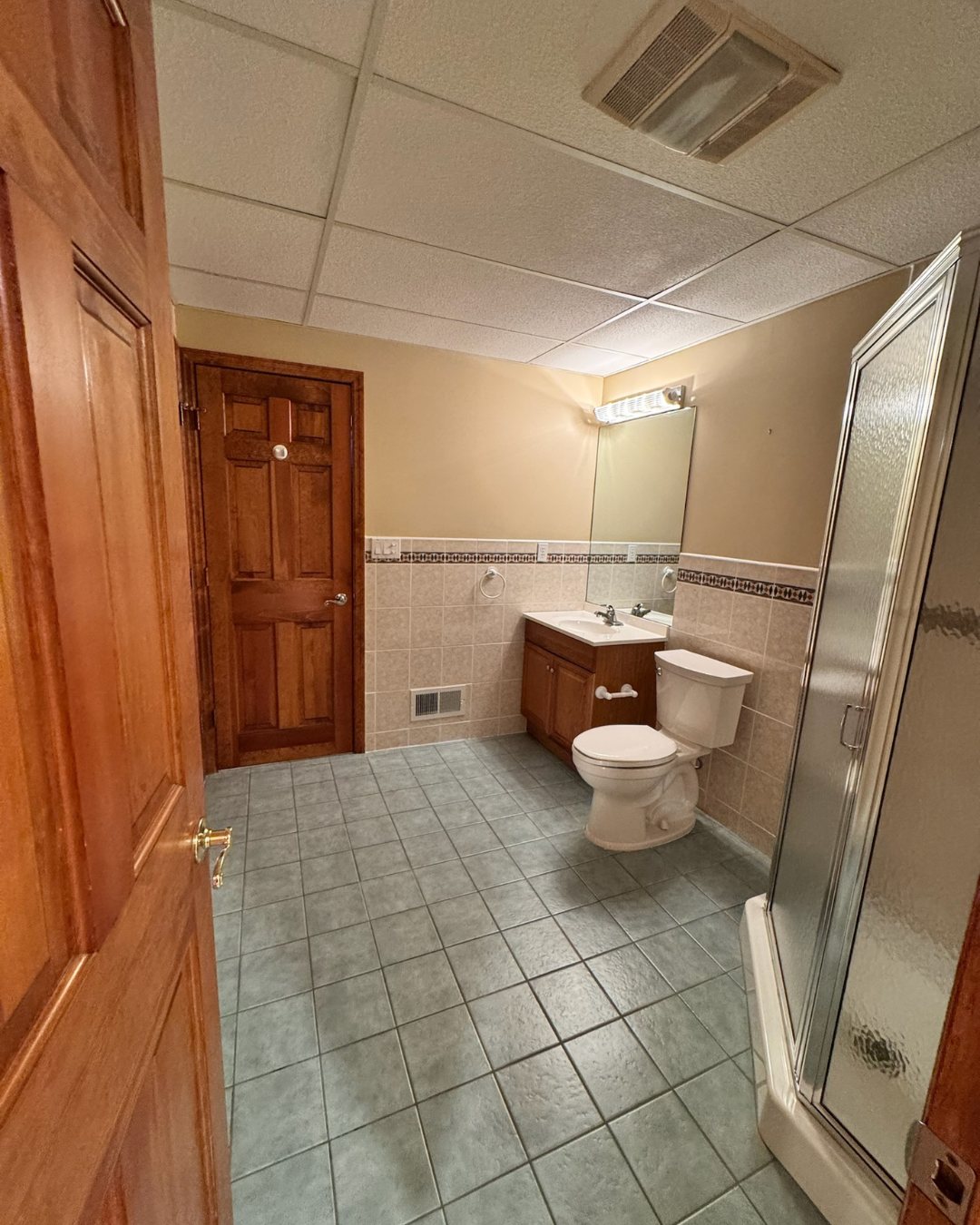 Before view of the basement bathroom with green floor tile and older fixtures.
