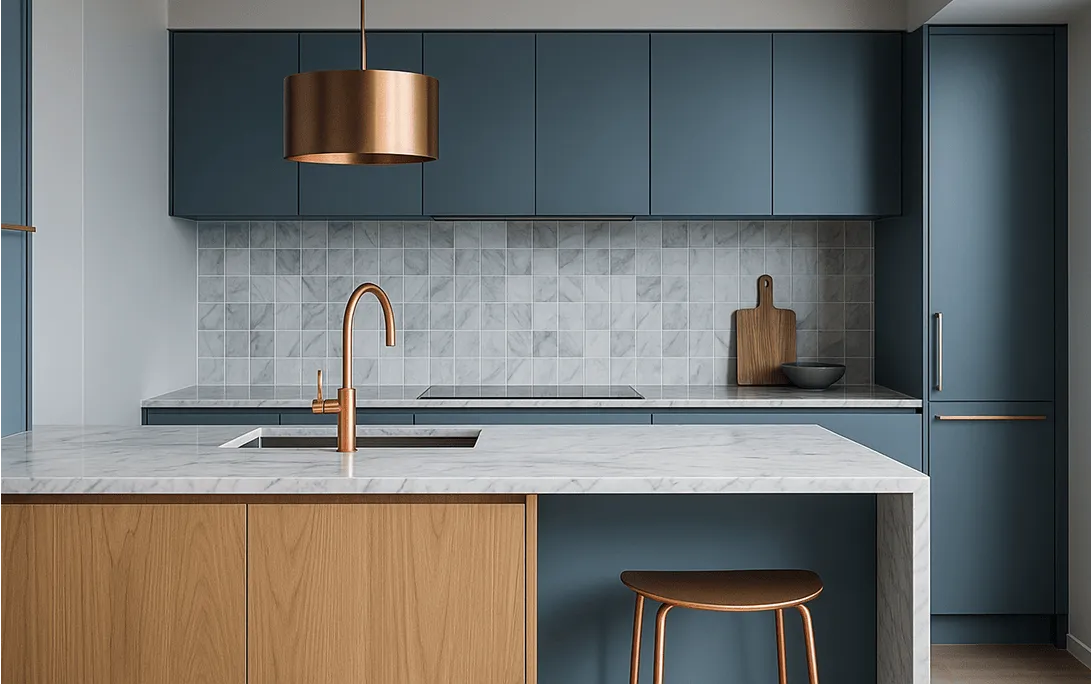 Contemporary Greenwich kitchen with blue cabinetry, marble tile backsplash, brass faucet, copper pendant light and waterfall-edge island