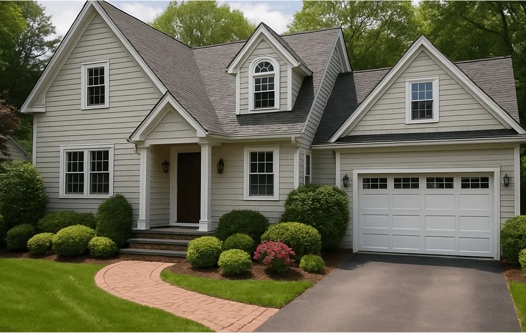 Traditional two-story home with gabled roof, gray siding, white trim, and landscaped front lawn.