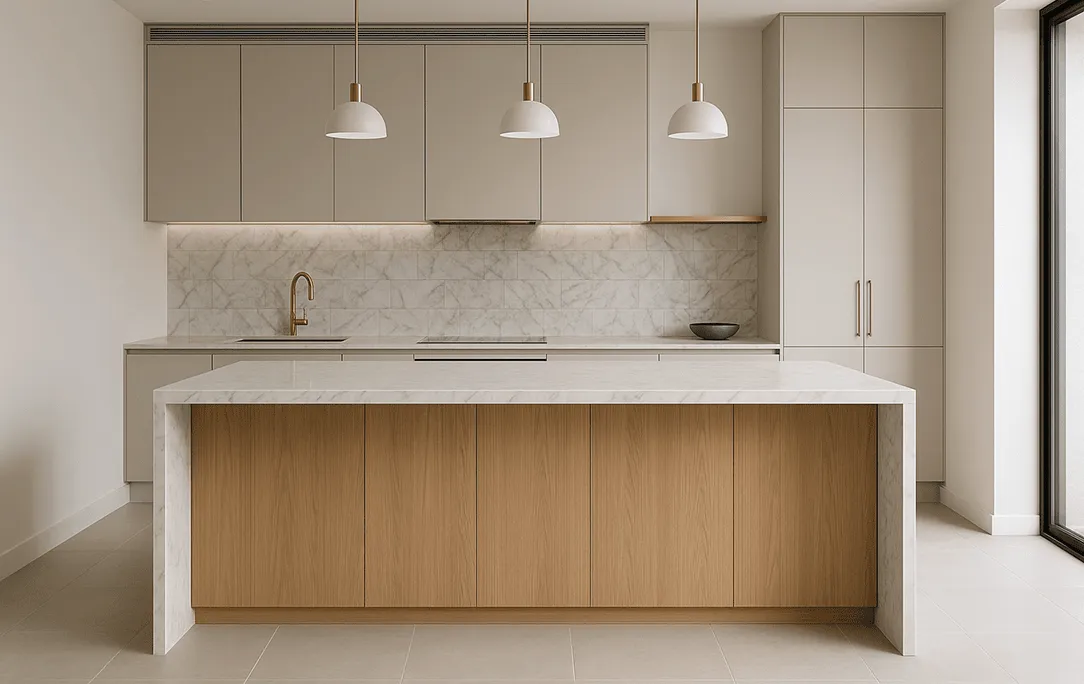 Minimalist Irvington, New York kitchen with marble backsplash, light-gray cabinets, brass fixtures, and wood waterfall island from a Westchester renovation.