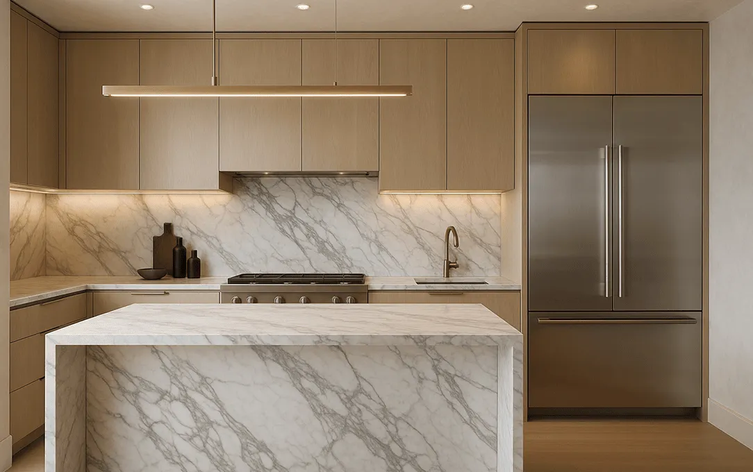 Elegant Rye kitchen featuring marble waterfall island, slab backsplash, warm under-cabinet lighting and built-in stainless fridge
