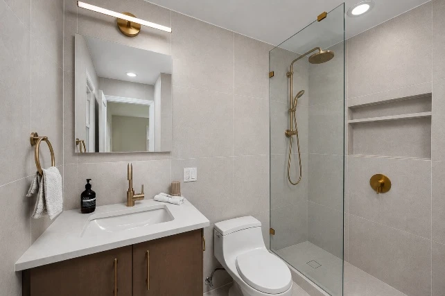 Renovated primary bathroom in Rye home with Spanish porcelain tile, walk-in shower, and warm wood-tone cabinetry