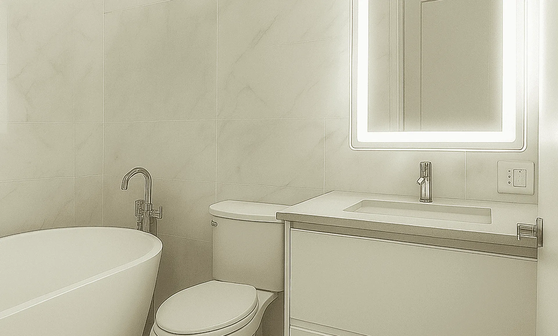 Modern bathroom featuring freestanding tub, backlit LED mirror, marble-look tiles and sleek white vanity.