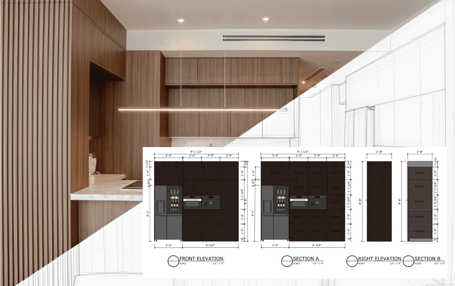 Custom kitchen millwork design for an Axis Brickell condo, showing completed cabinetry alongside detailed elevation drawings of the built-in layout.
