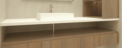 Wall-mounted vanity in a sleek, modern bathroom in the Axis Brickell condo.