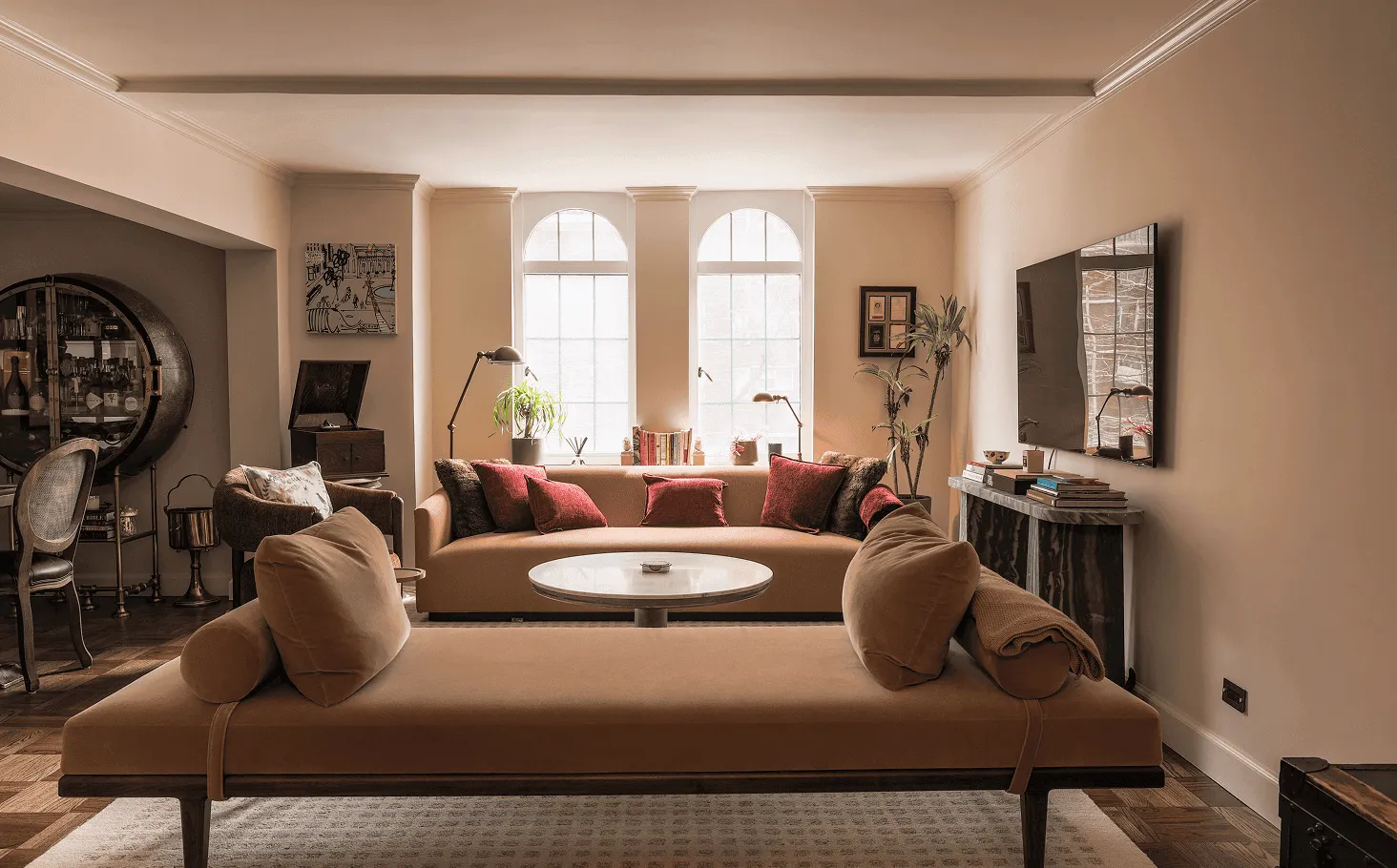 Polished walls and ceilings throughout London Terrace apartment creating refined finish and improved light reflection