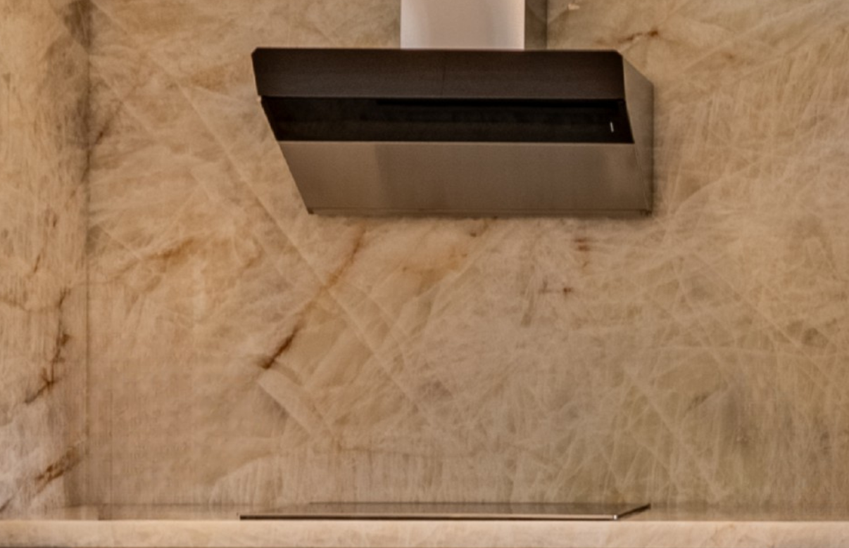 Natural quartzite countertops and feature surfaces