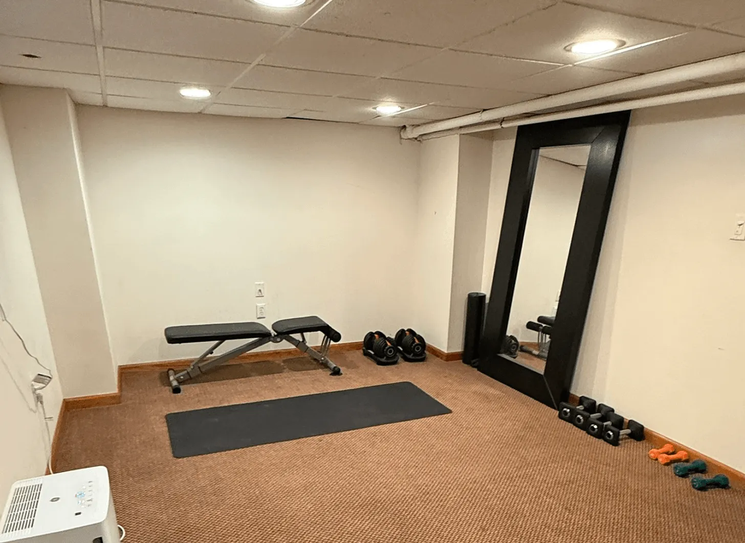 Maplewood basement gym area before renovation with unfinished walls and basic flooring