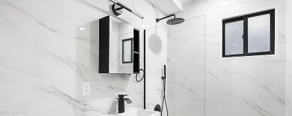 Modern shower and tub system installed in the Union City renovation