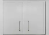 Close-up of matte white slim shaker kitchen cabinet doors with chrome pulls