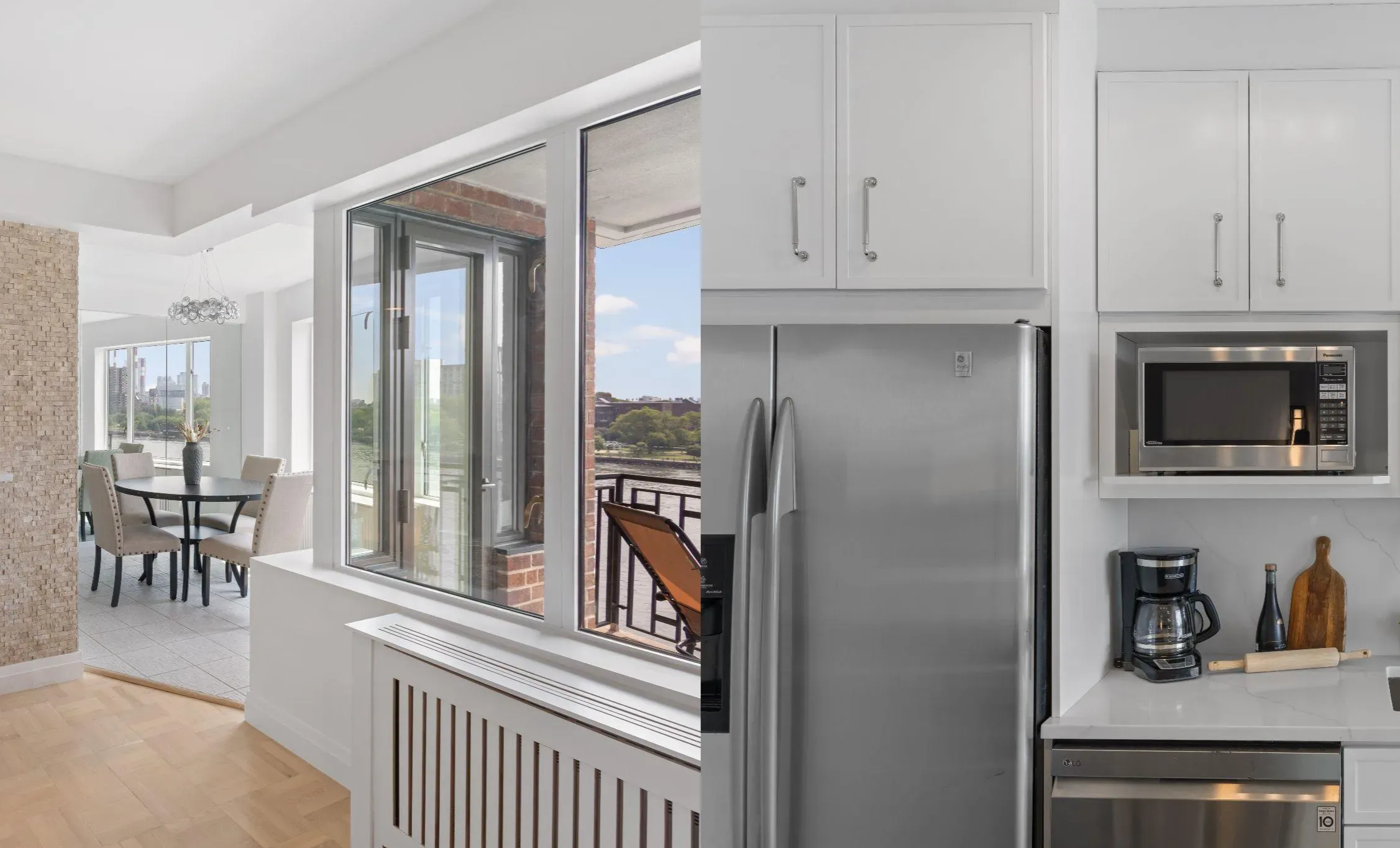Side-by-side view of the opened living area and renovated white kitchen in the East End Avenue co-op
