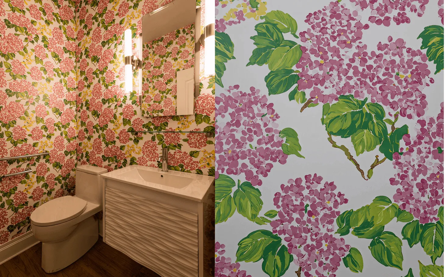 Renovated powder room in Rye Brook home with floral wallpaper accent, new vanity, and discreetly integrated grab bars