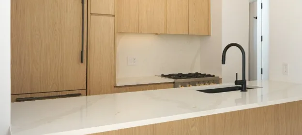 Calacatta quartz countertop with soft gold veining