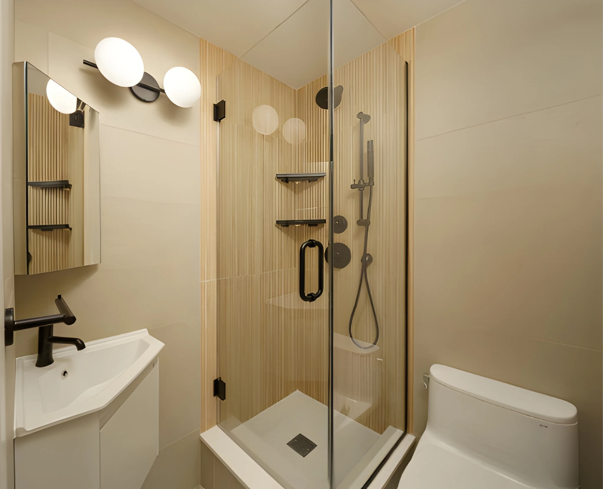 Modern condo bathroom with glass walk-in shower, wood-look tile accent wall, and matte black fixtures