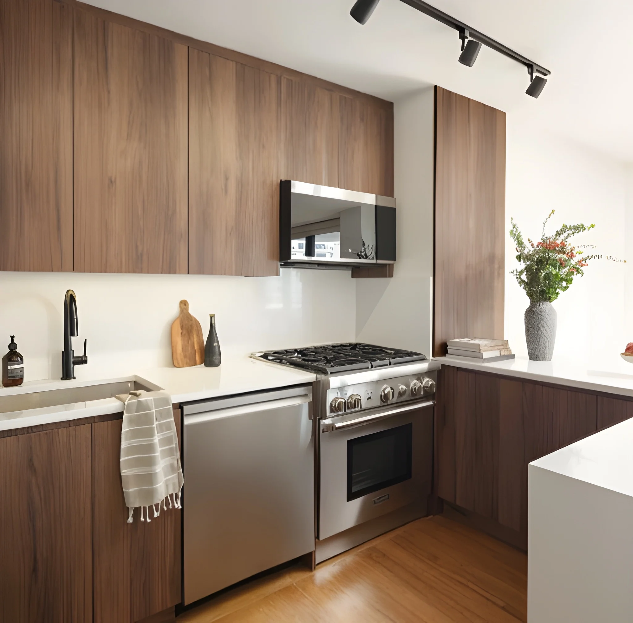 Custom dark wood kitchen with white marble counters, stainless steel appliances, and matte black faucet