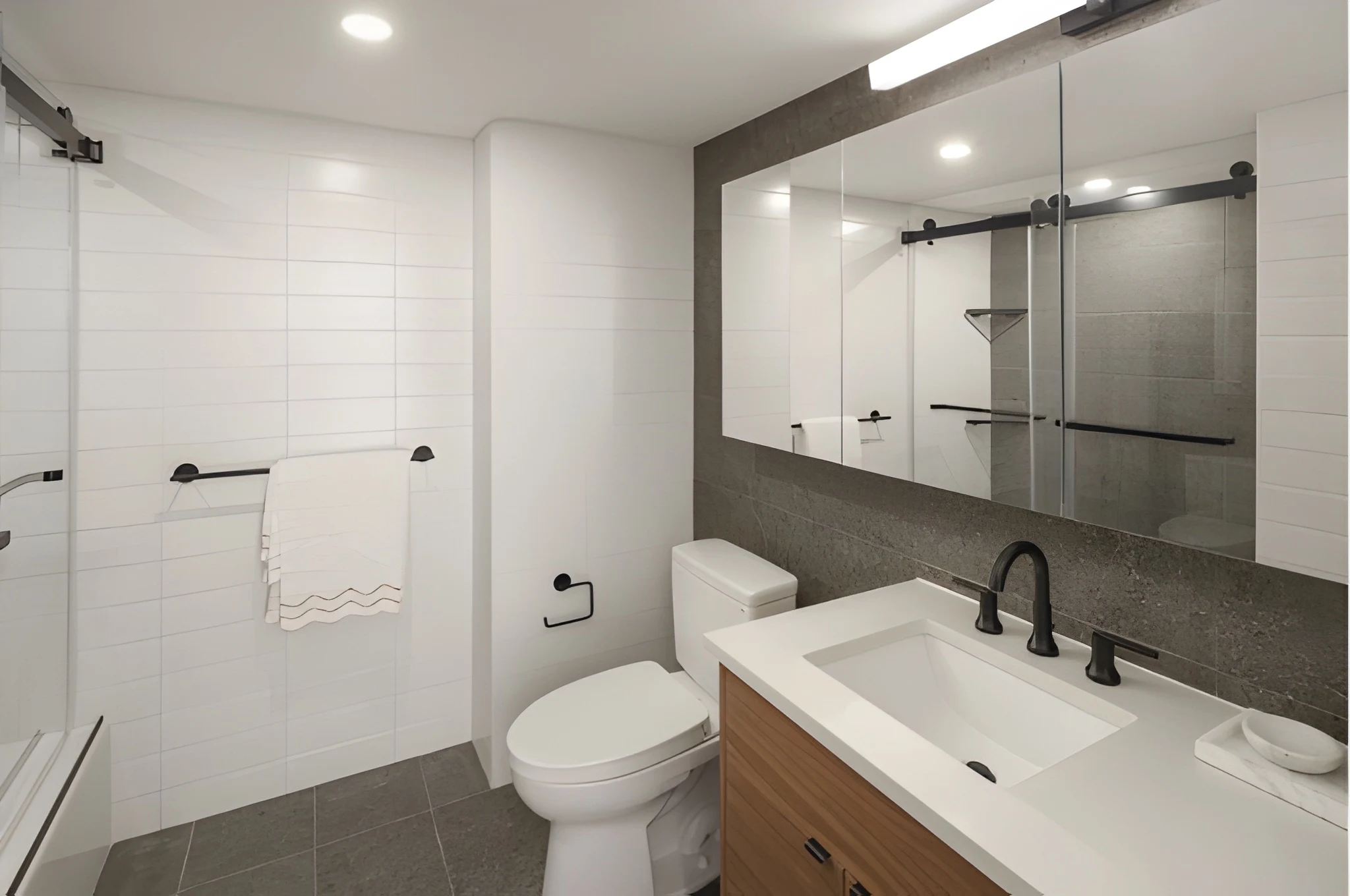 Primary bathroom with light wood vanity, matte black fixtures, and grey stone accent tile