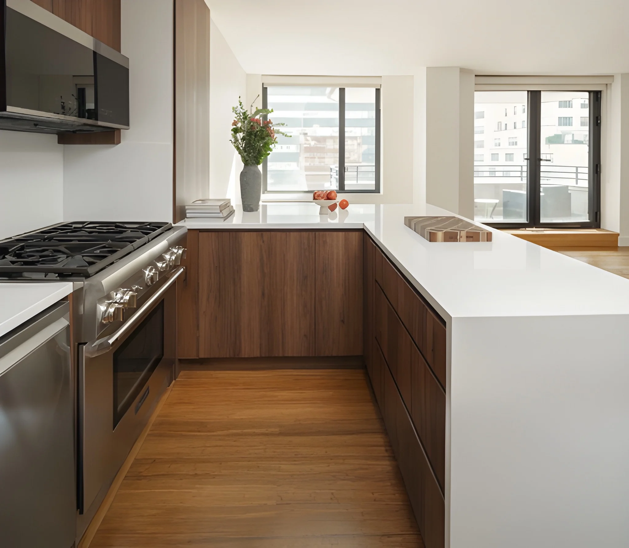 Open Midtown East condo kitchen with dark wood cabinets, white waterfall peninsula, and city views beyond