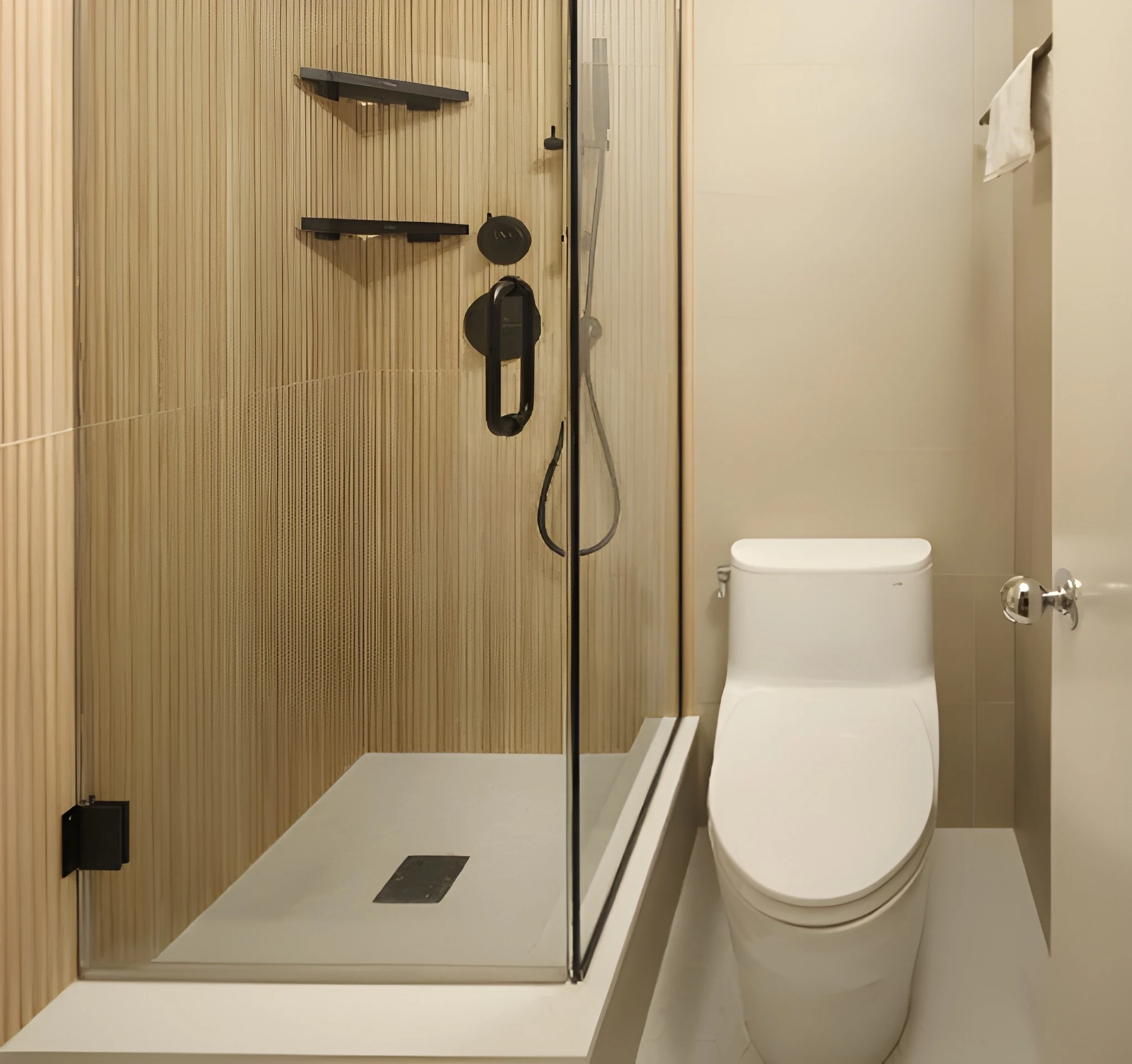 Second bathroom with glass walk-in shower, fluted neutral tile, and matte black shower fixtures