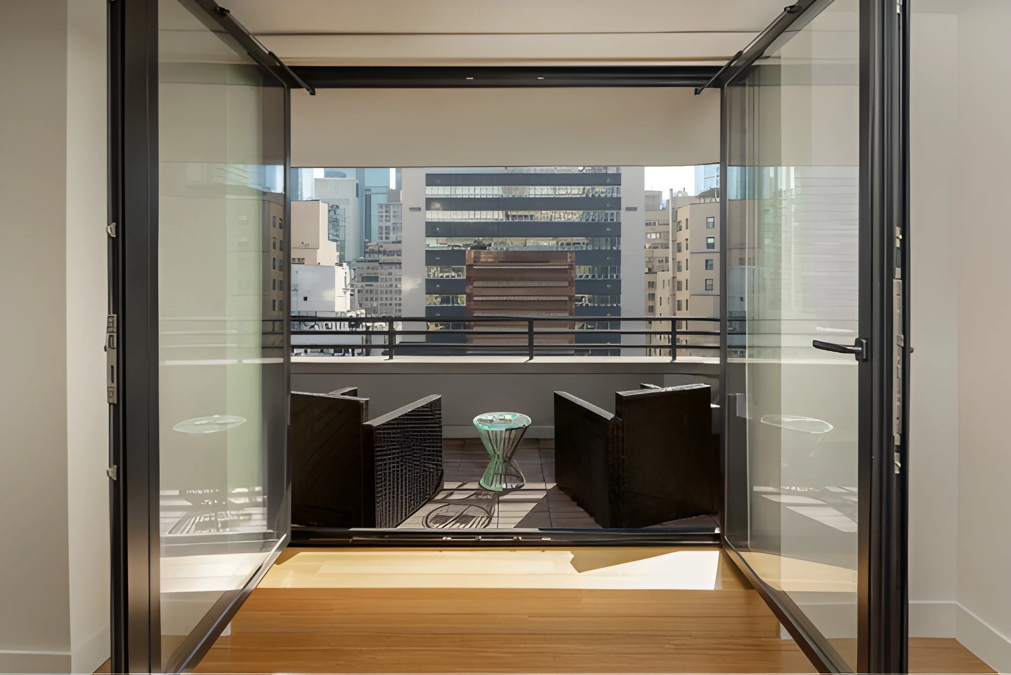 Living area opening to a private balcony with Midtown Manhattan skyline views