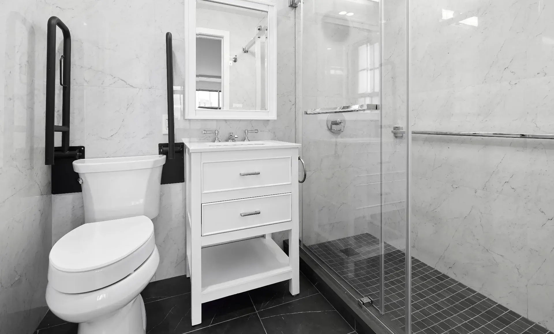 UES apartment renovation ADA compliant master bathroom with curb-less shower and custom vanity