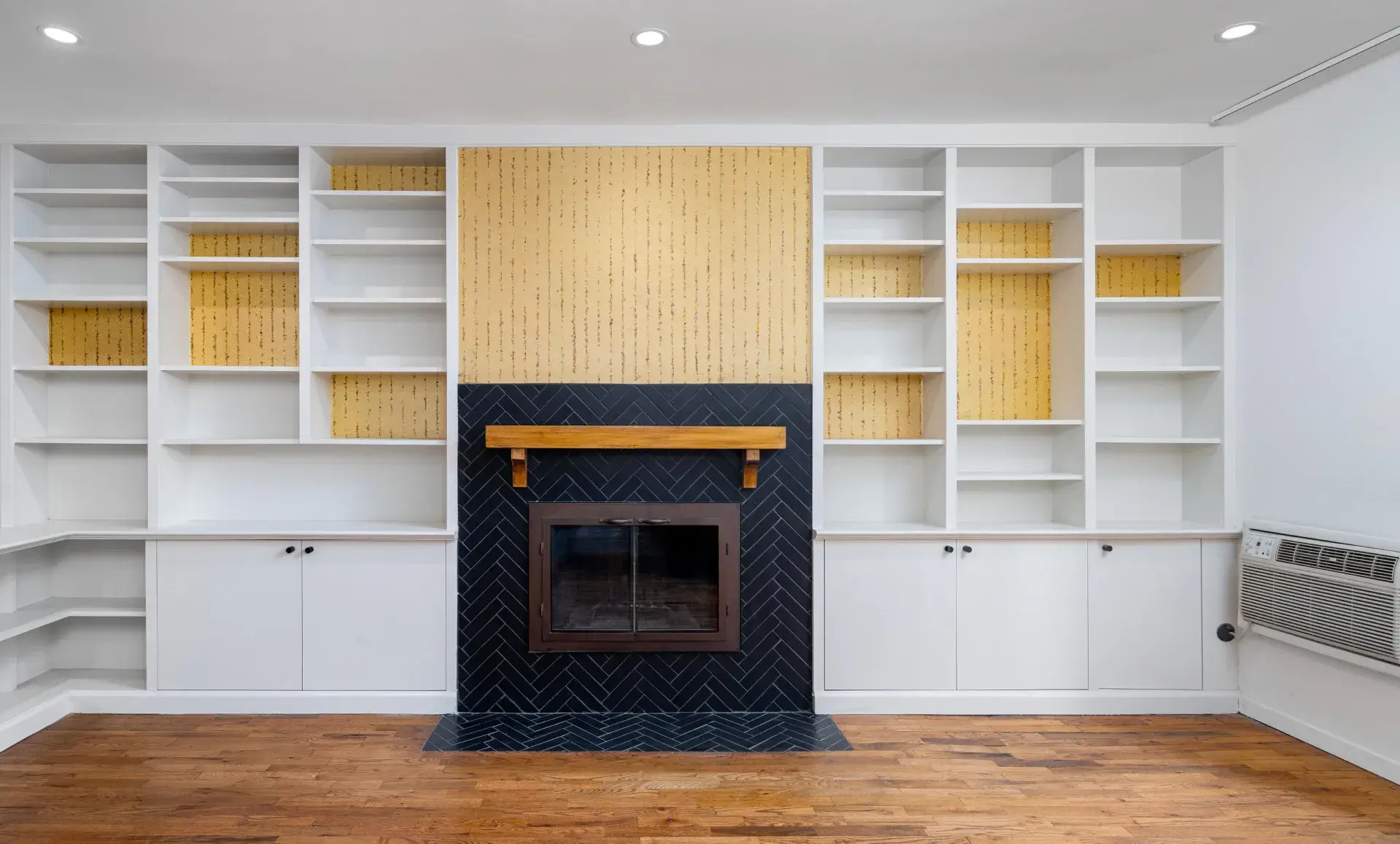Triplex apartment renovation kitchen island with white kaleidoscope mosaics and dog cave