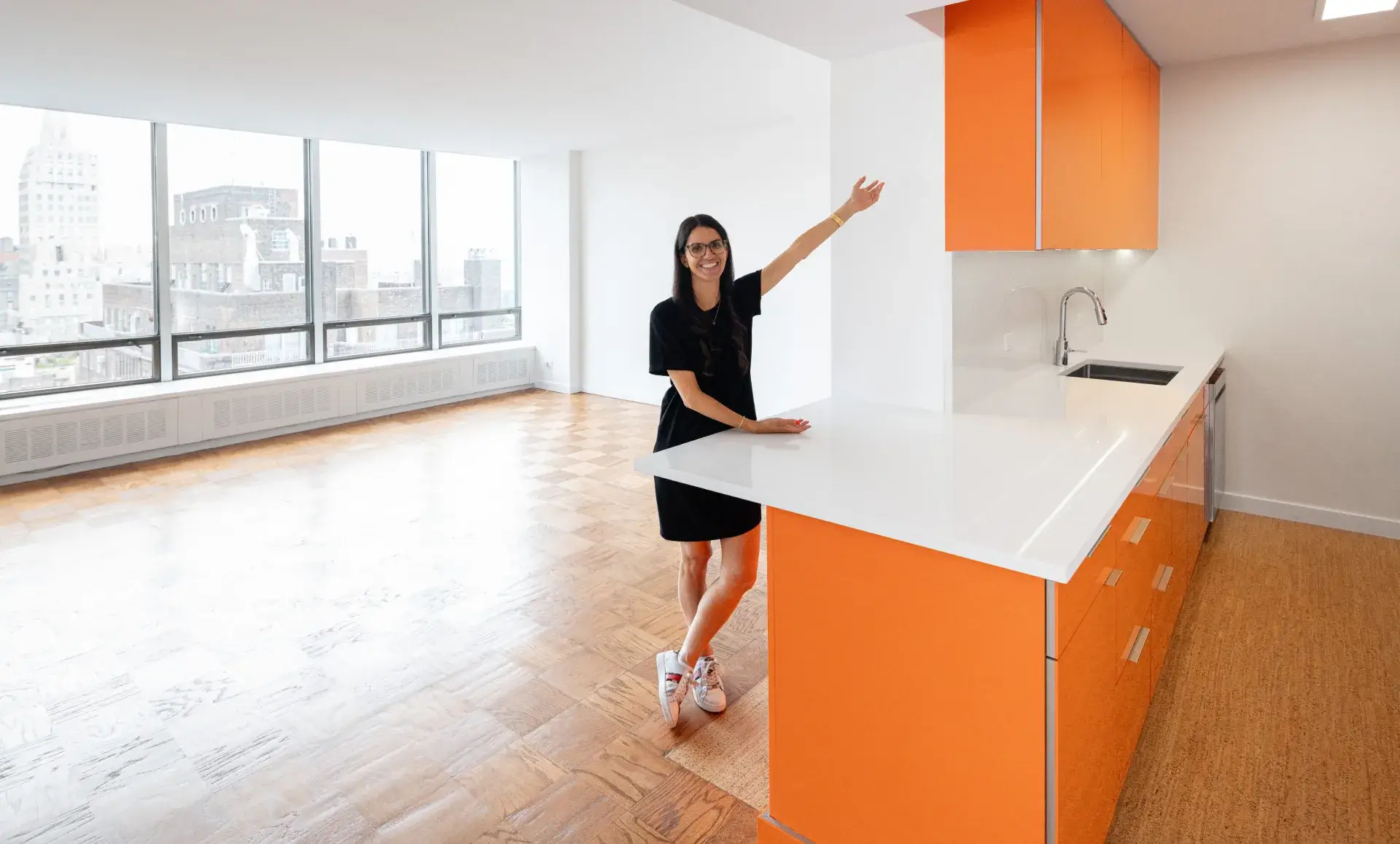 United Nations Plaza apartment renovated living room and bedroom space